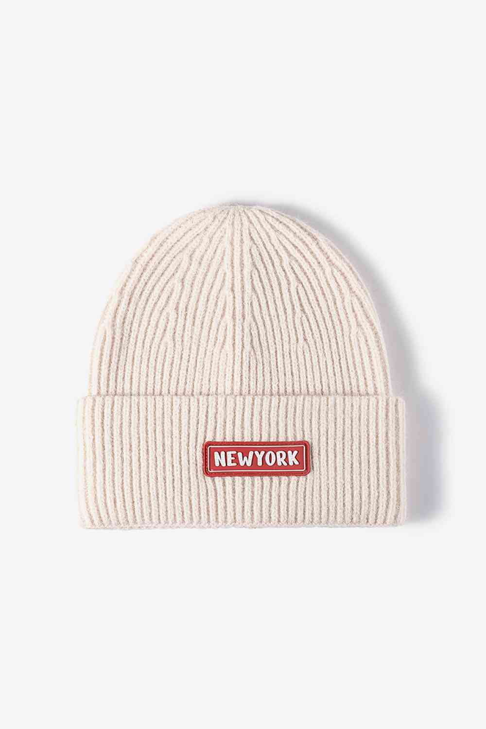 NEWYORK Patch Rib-Knit Cuffed Beanie Beige One Size