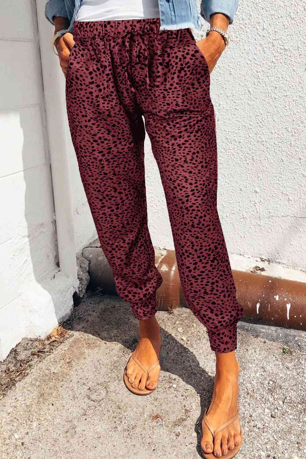 Double Take Leopard Print Joggers with Pockets Wine