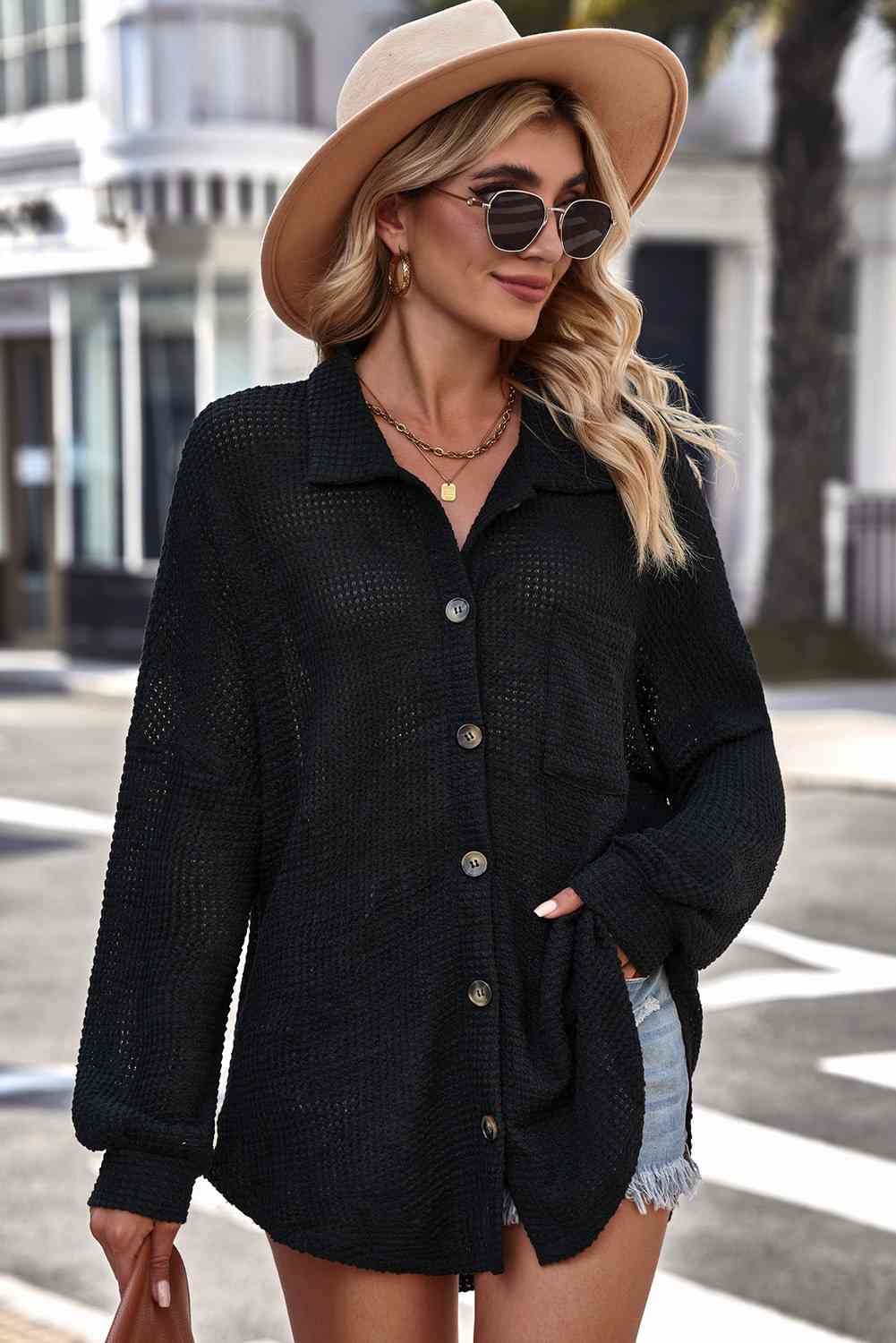 Waffle-Knit Collared Neck Dropped Shoulder Shirt Black