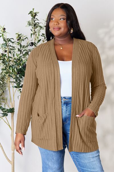 Basic Bae Full Size Ribbed Open Front Cardigan with Pockets Tan