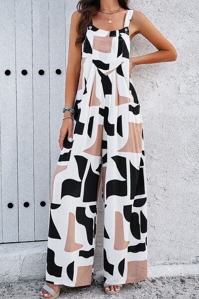 Printed Wide Strap Jumpsuit with Pockets White