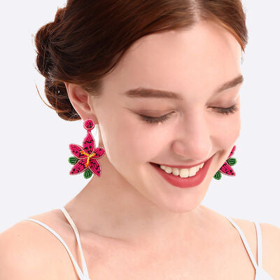 Bead Stainless Steel Flower Dangle Earrings Deep Rose One Size