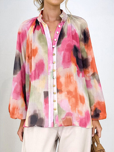 Printed Button Up Balloon Sleeve Shirt Deep Rose