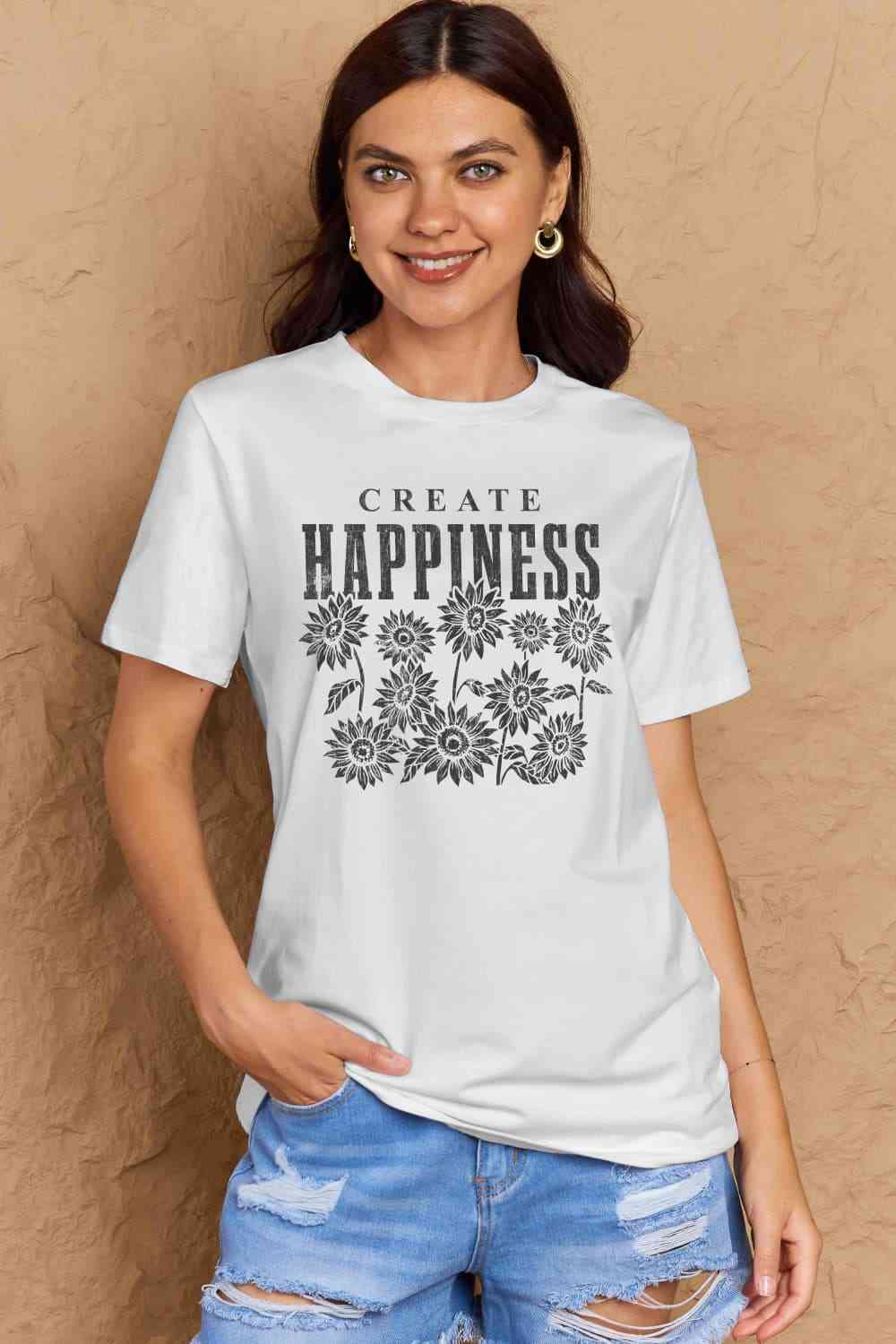 Simply Love Full Size CREATE HAPPINESS Graphic Cotton T-Shirt Bleach