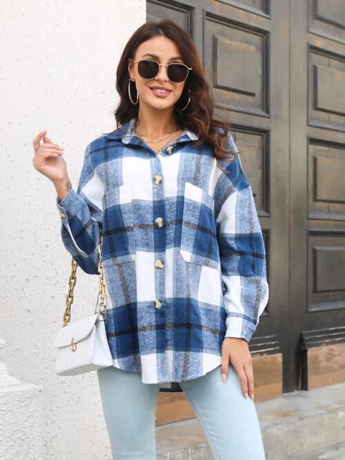 Plaid Button Up Collared Neck Long Sleeve Shirt Peacock Blue