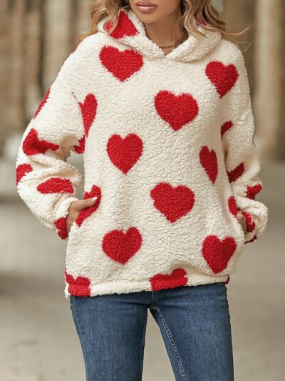 Fuzzy Heart Pocketed Dropped Shoulder Hoodie Deep Red