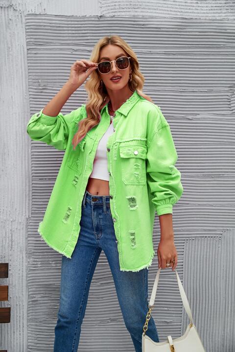 Distressed Raw Hem Denim Jacket Mint Green