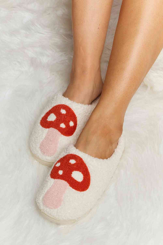 Melody Mushroom Print Plush Slide Slippers Pink