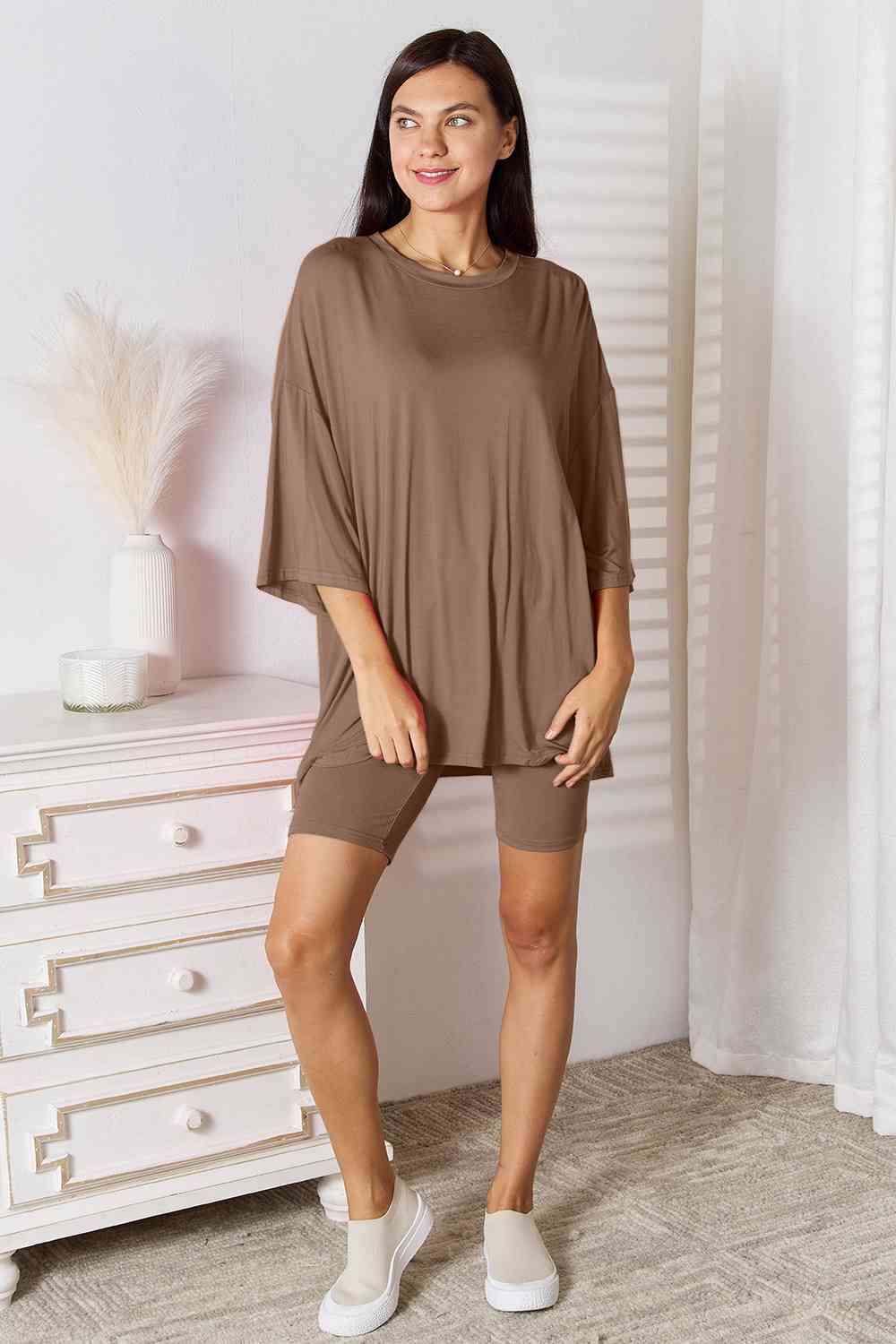 Basic Bae Full Size Soft Rayon Three-Quarter Sleeve Top and Shorts Set Taupe