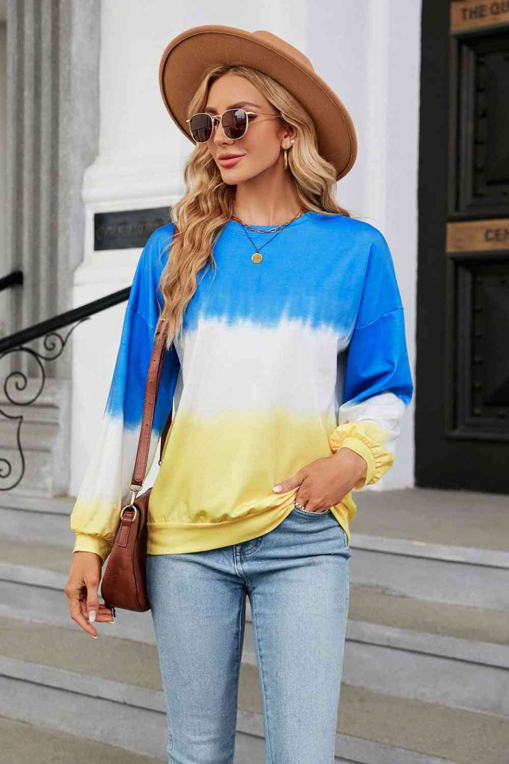 Gradient Round Neck Long Sleeve Sweatshirt Sky Blue