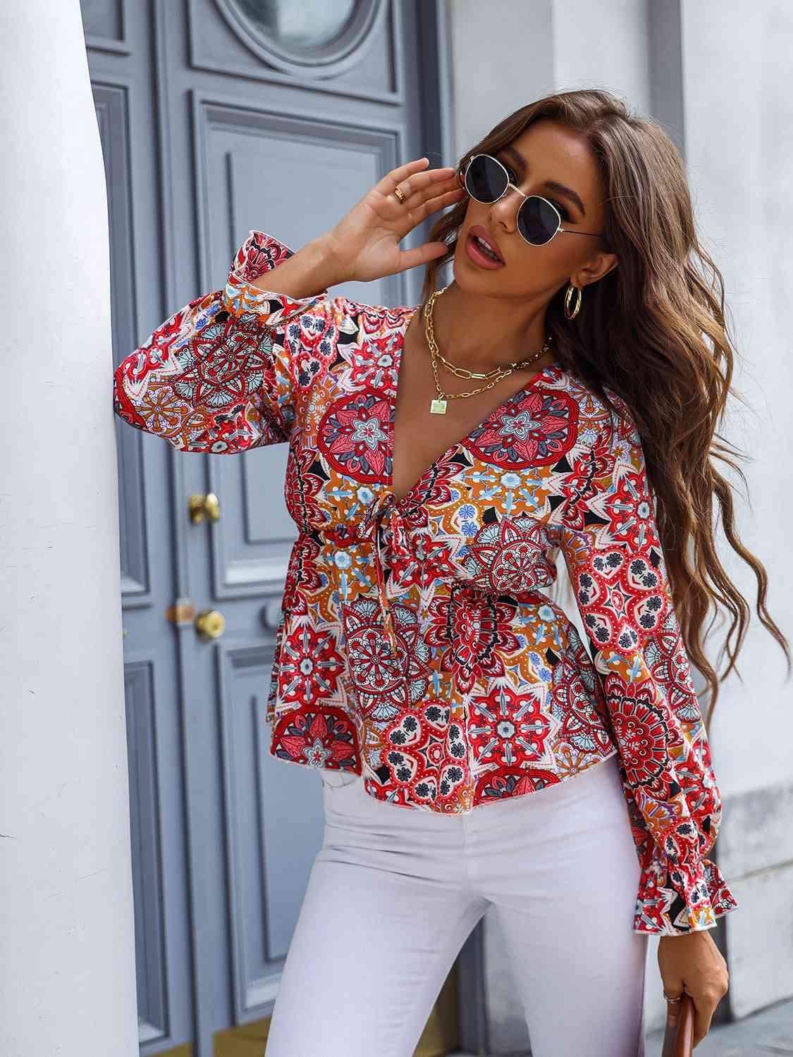 Printed V-Neck Flounce Sleeve Blouse Red Orange