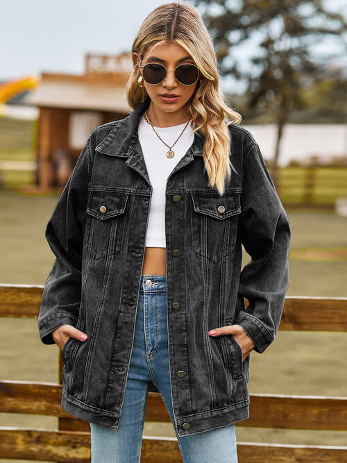 Collared Neck Denim Jacket With Pockets Black