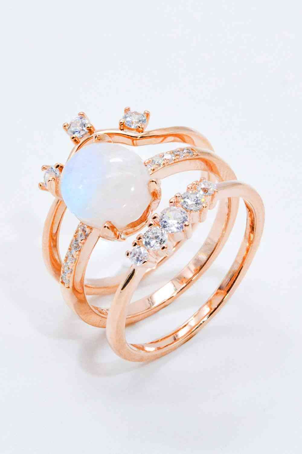 Natural Moonstone and Zircon Three-Piece Ring Set Rose Gold