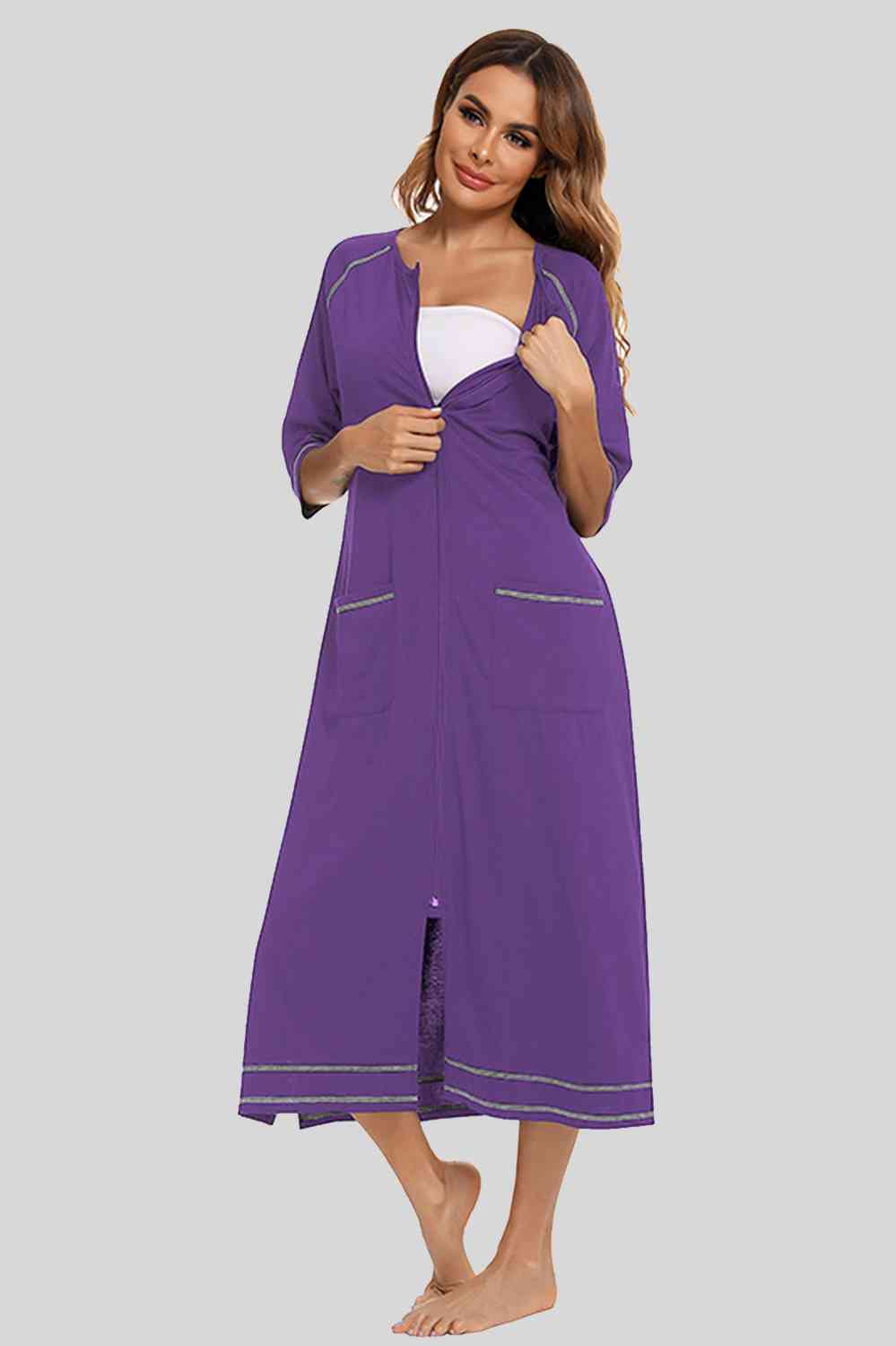 Zip Up Slit Round Neck Night Dress with Pockets Violet