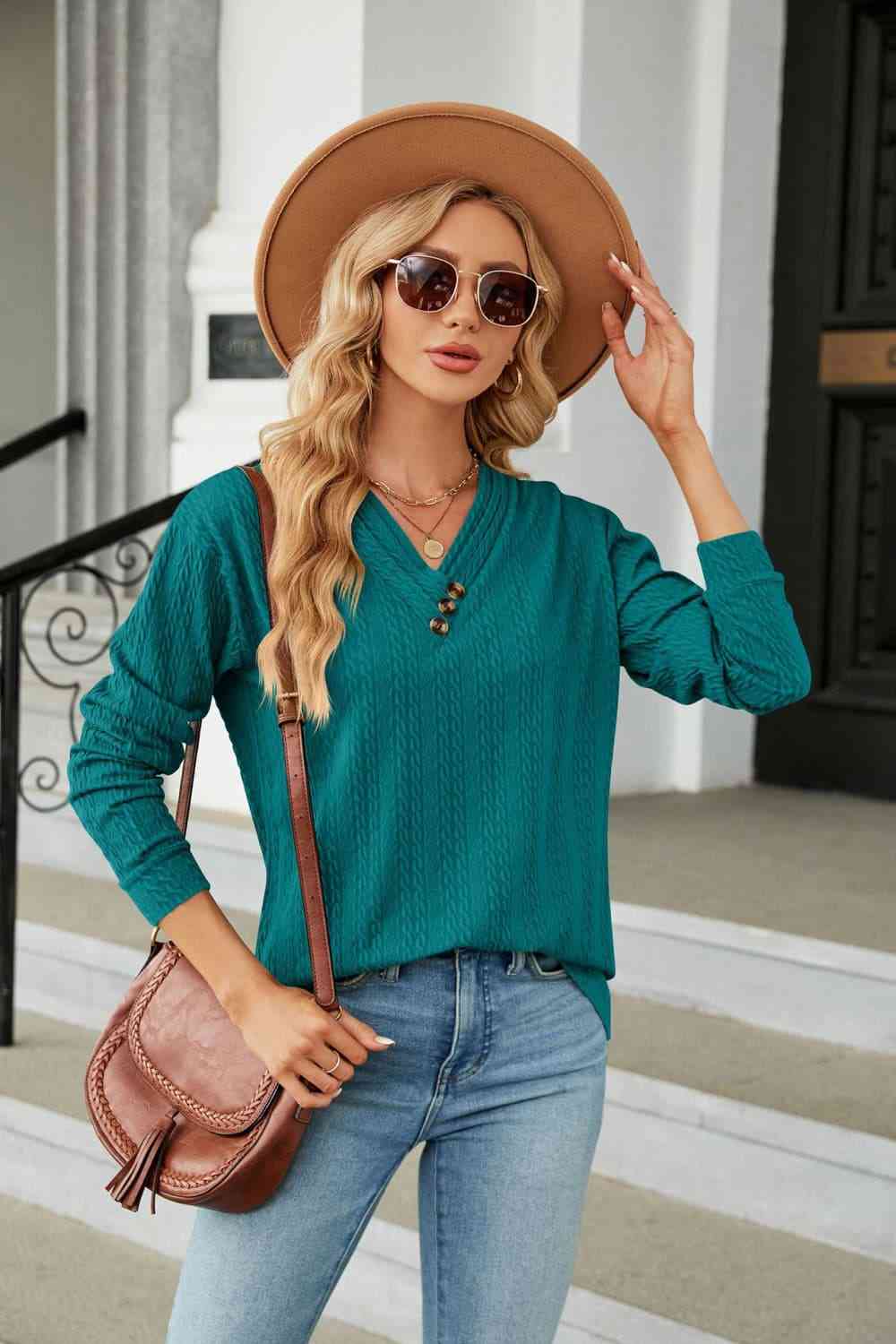 Decorative Button V-Neck Long Sleeve T-Shirt Teal