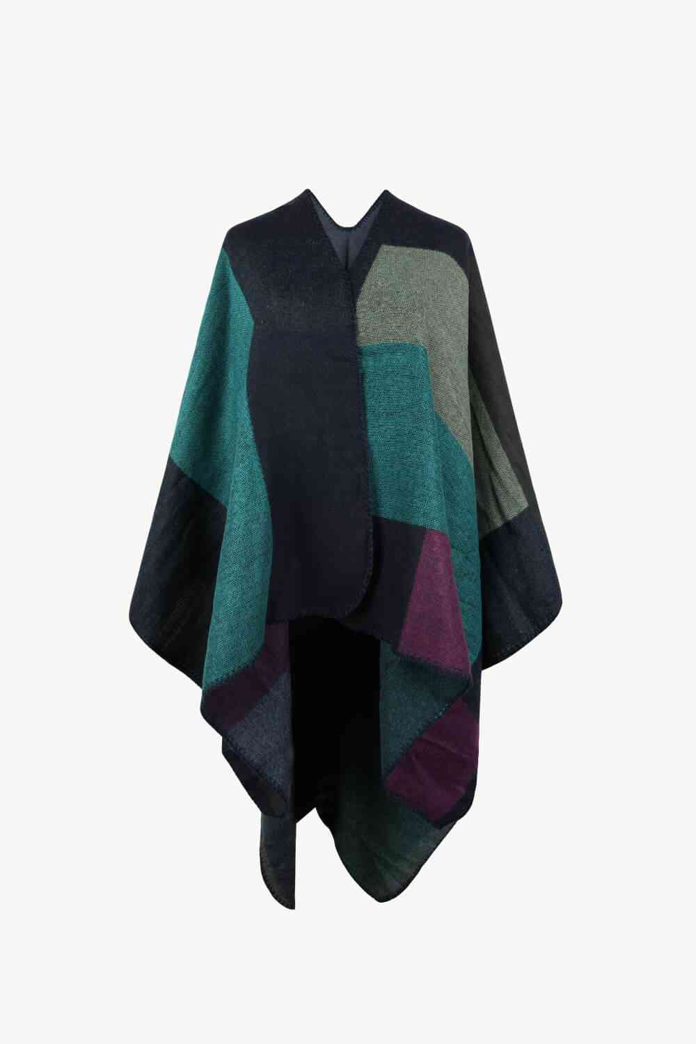 Color Block Open Front Poncho Teal One Size