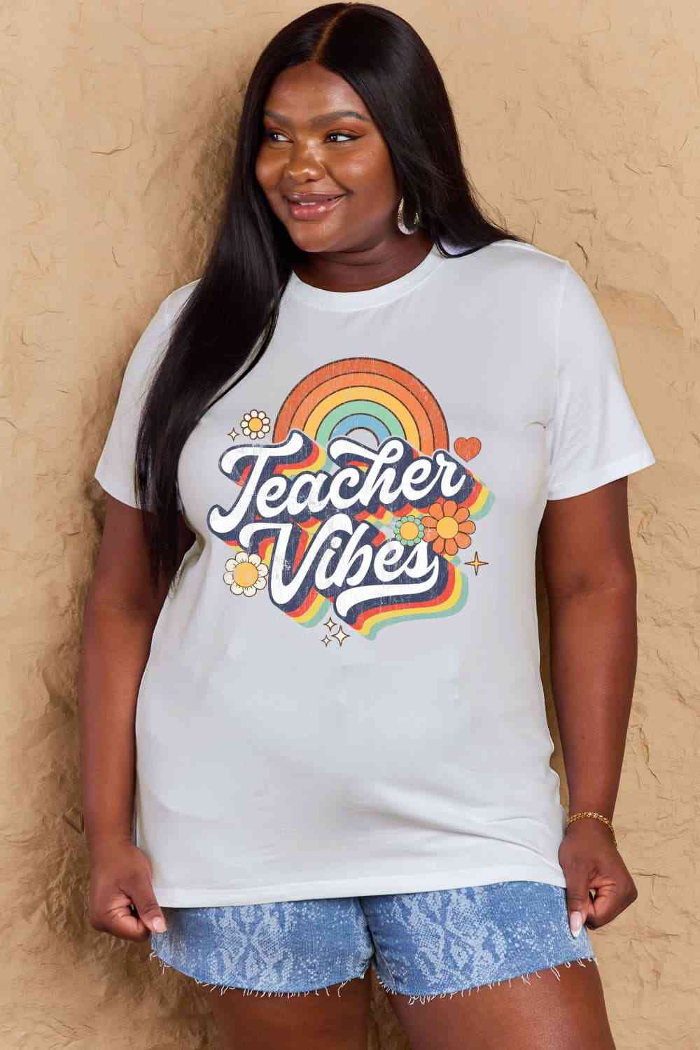 Simply Love Full Size TEACHER VIBES Graphic Cotton T-Shirt Bleach