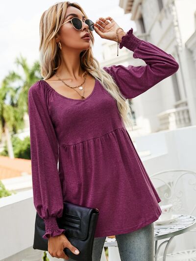 V-Neck Lantern Sleeve Blouse Magenta