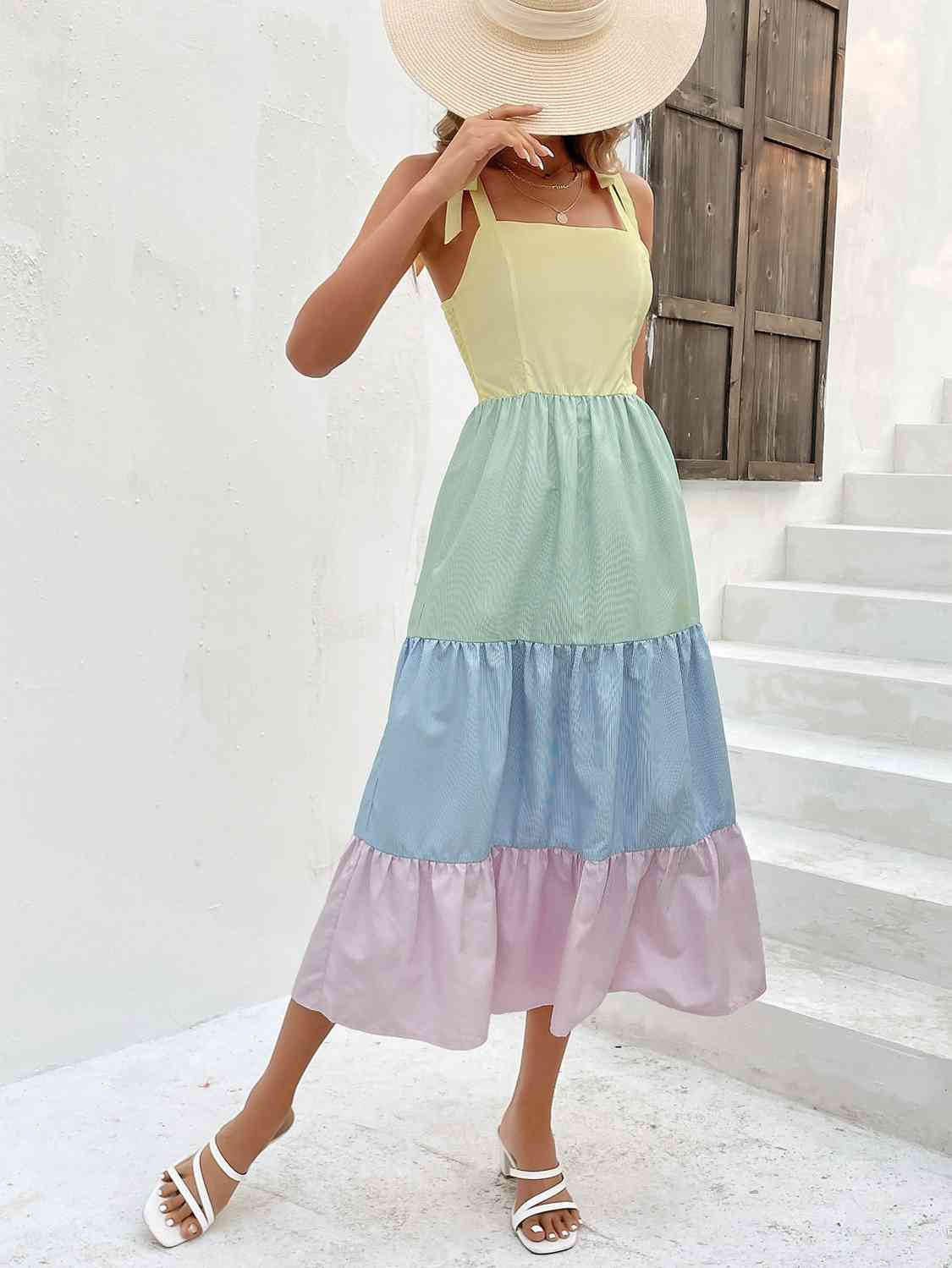 Color Block Tie-Shoulder Tiered Midi Dress Multicolor