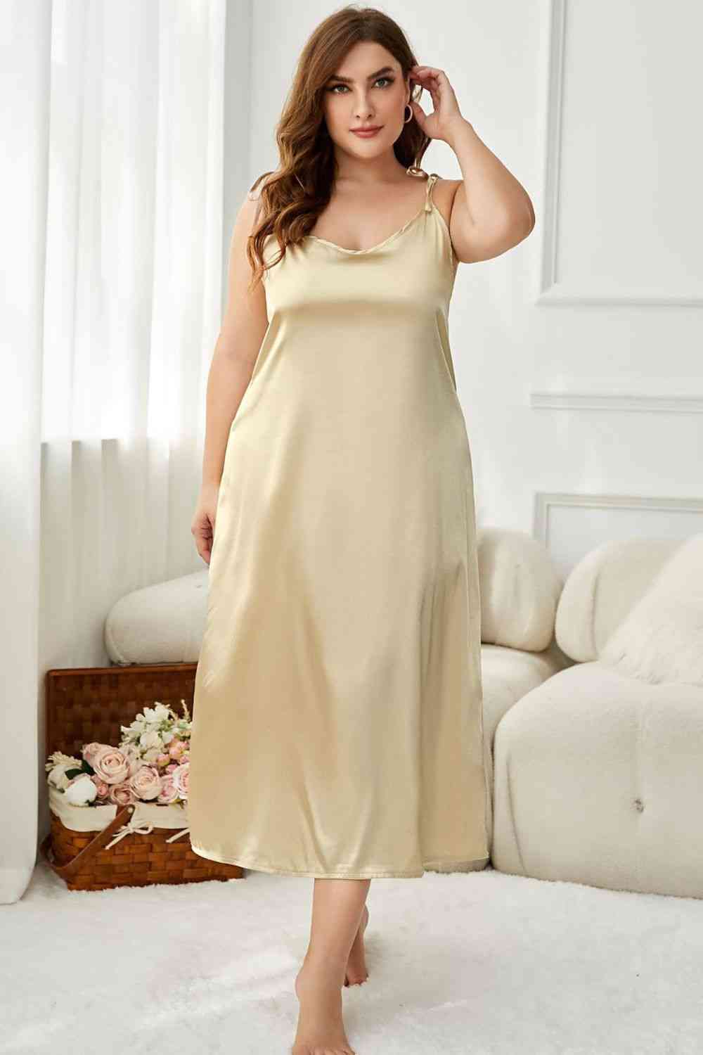 Plus Size Tie-Shoulder Midi Night Dress Pastel Yellow