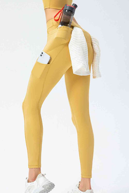 Full Size Slim Fit High Waist Long Sports Pants with Pockets Mustard