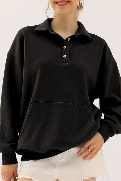 Ninexis Full Size Quarter-Button Collared Sweatshirt Black