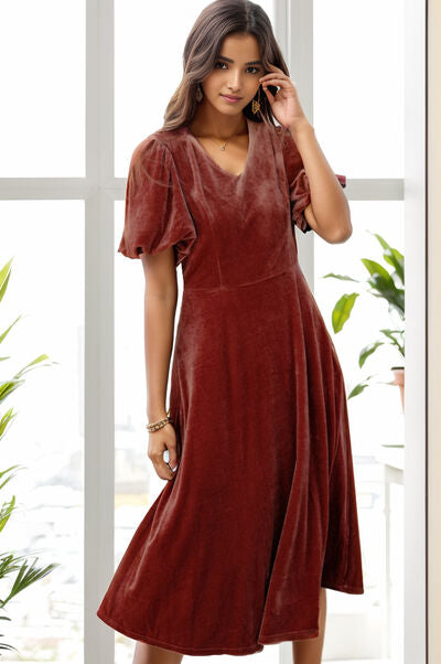 V-Neck Balloon Sleeve Midi Dress Chestnut