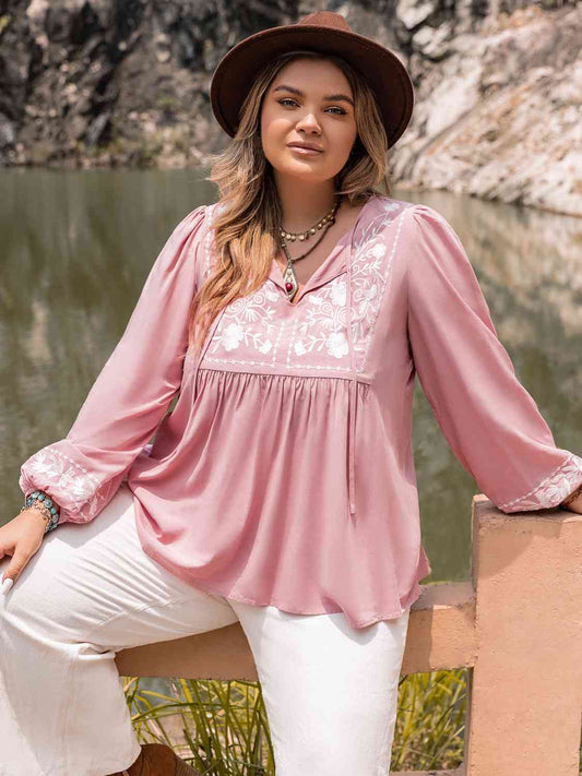 Plus Size Tie Neck Puff Sleeve Blouse Carnation Pink