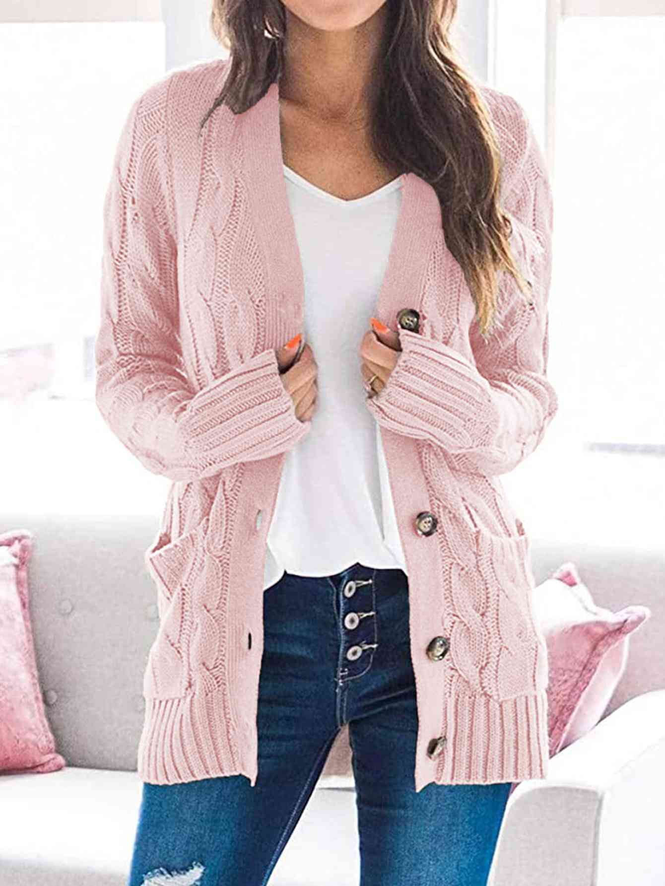 Cable-Knit Buttoned Cardigan with Pockets Blush Pink