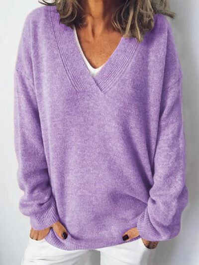 V-Neck Dropped Shoulder Sweater Lavender