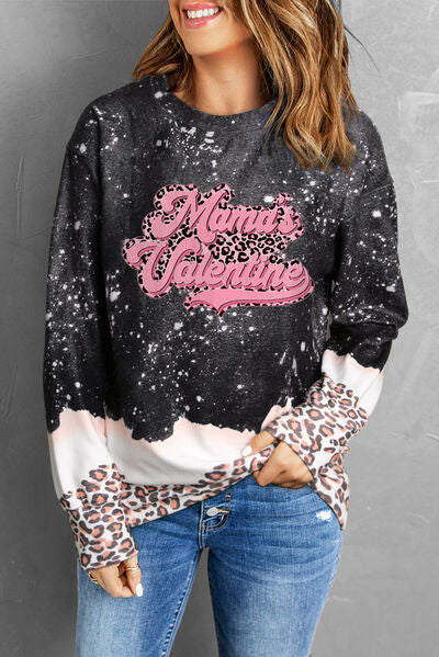 MAMA'S VALENTINE Leopard Round Neck Sweatshirt Black