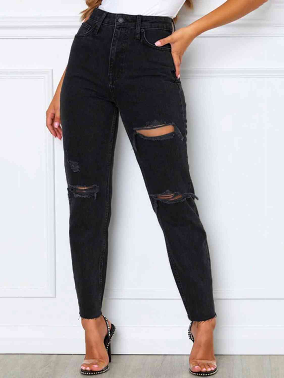 Distressed High Waist Straight Jeans Dark