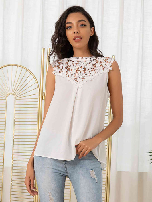 Lace Trim Round Neck Long Sleeve Tank Top White