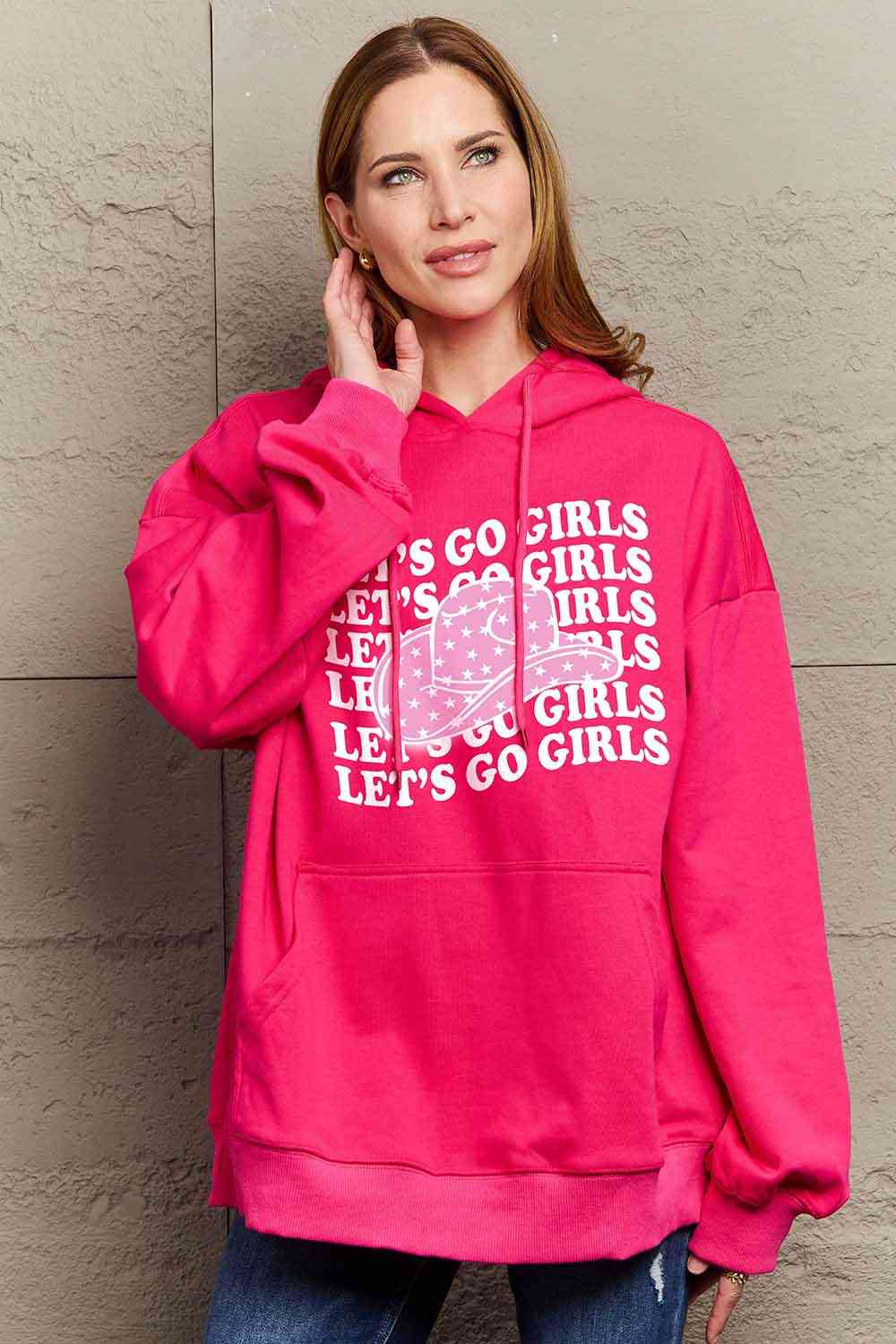 Simply Love Simply Love Full Size LET’S GO GIRLS Graphic Dropped Shoulder Hoodie Hot Pink
