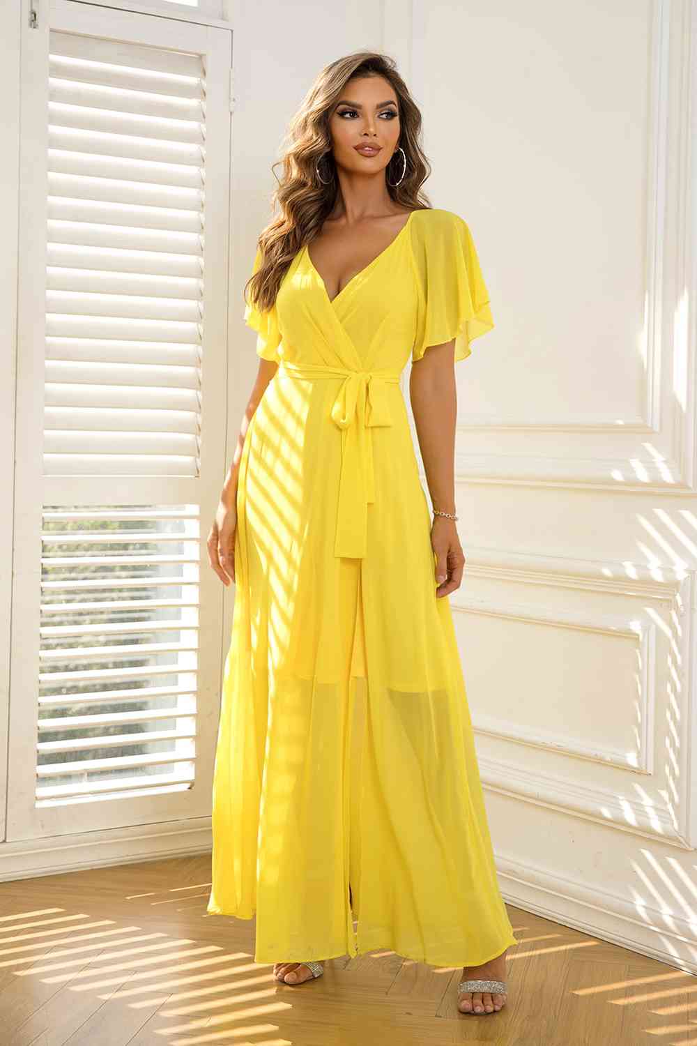 Tie Waist Flutter Sleeve Maxi Dress Lemon