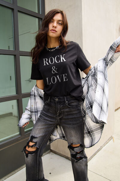 Simply Love Full Size ROCK ＆ LOVE Short Sleeve T-Shirt Black