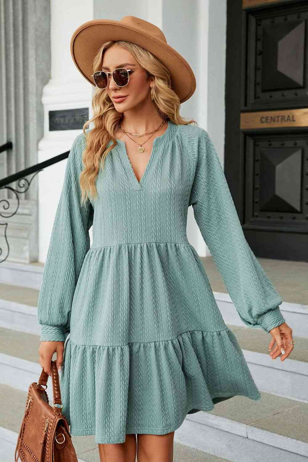 Notched Neck Long Sleeve Mini Dress Gum Leaf