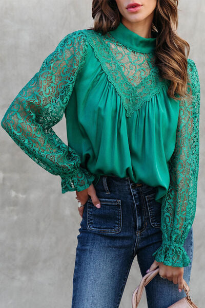 Lace Detail Mock Neck Flounce Sleeve Blouse Teal