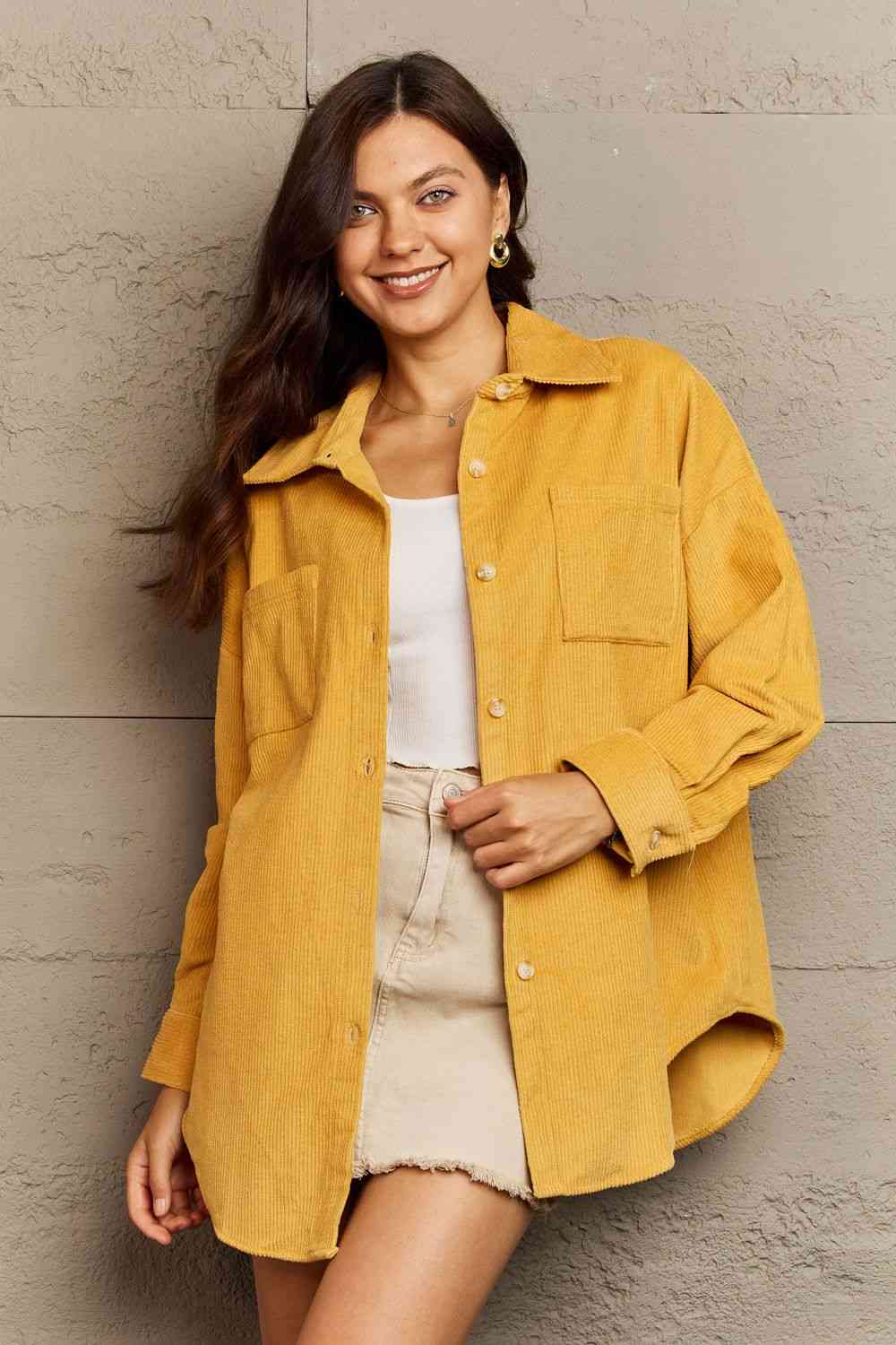 Ninexis Collared Neck Dropped Shoulder Button-Down Jacket Mustard