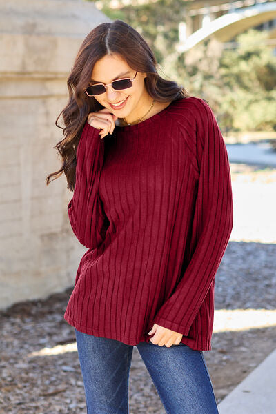 Basic Bae Full Size Ribbed Round Neck Long Sleeve Knit Top Scarlet