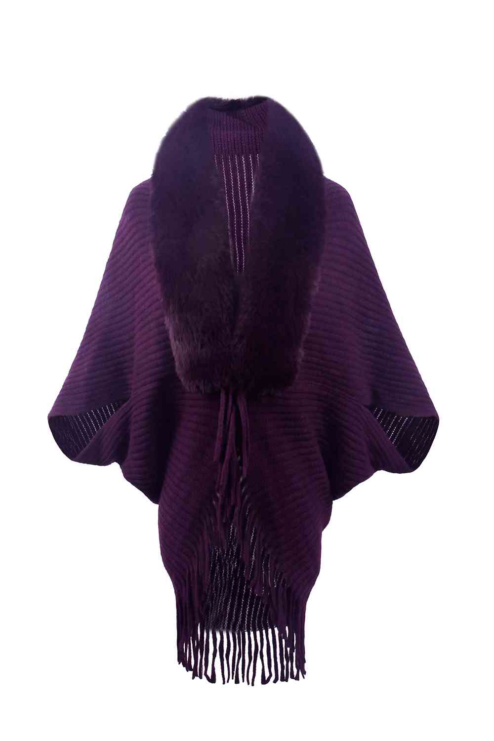 Fringe Detail Long Sleeve Ribbed Poncho Violet One Size