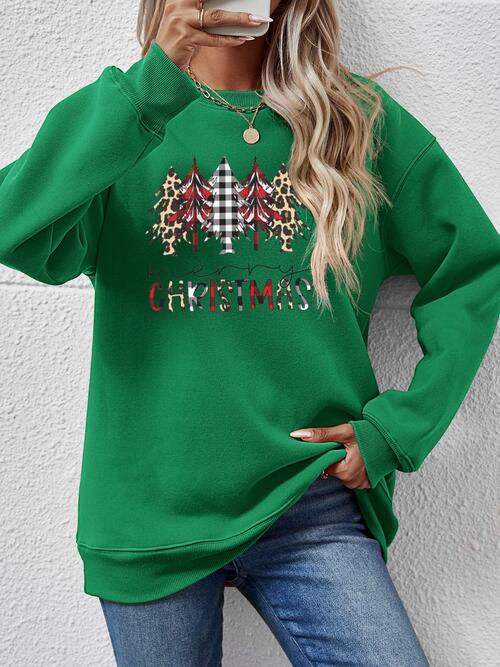 MERRY CHRISTMAS Round Neck Long Sleeve Sweatshirt Green