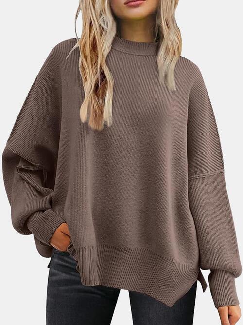 Round Neck Drop Shoulder Slit Sweater Coffee Brown