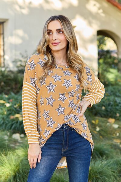 Celeste Design Full Size Leopard Star Striped Long Sleeve Top Mustard