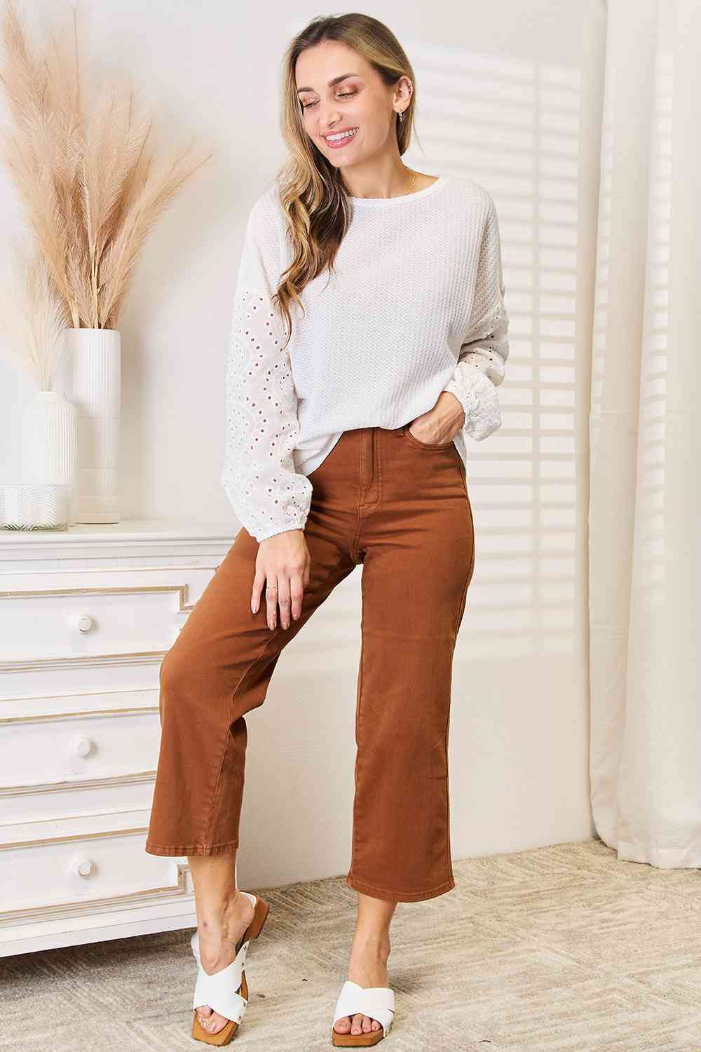 Double Take Eyelet Dropped Shoulder Round Neck Blouse