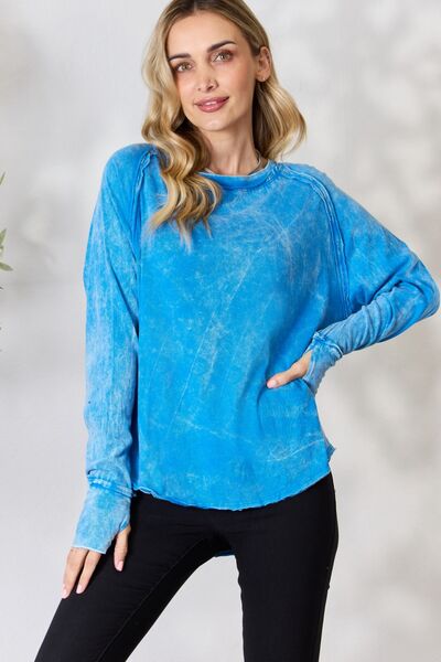 Zenana Round Neck Long Sleeve Top Ocean Blue