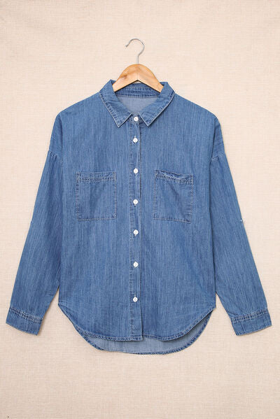 Pocketed Button Up Collared Neck Denim Top French Blue