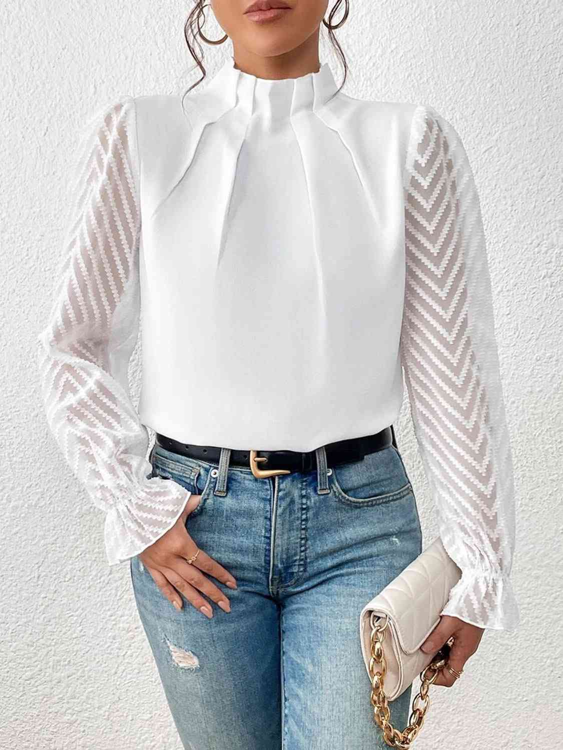 Mock Neck Flounce Sleeve Blouse White