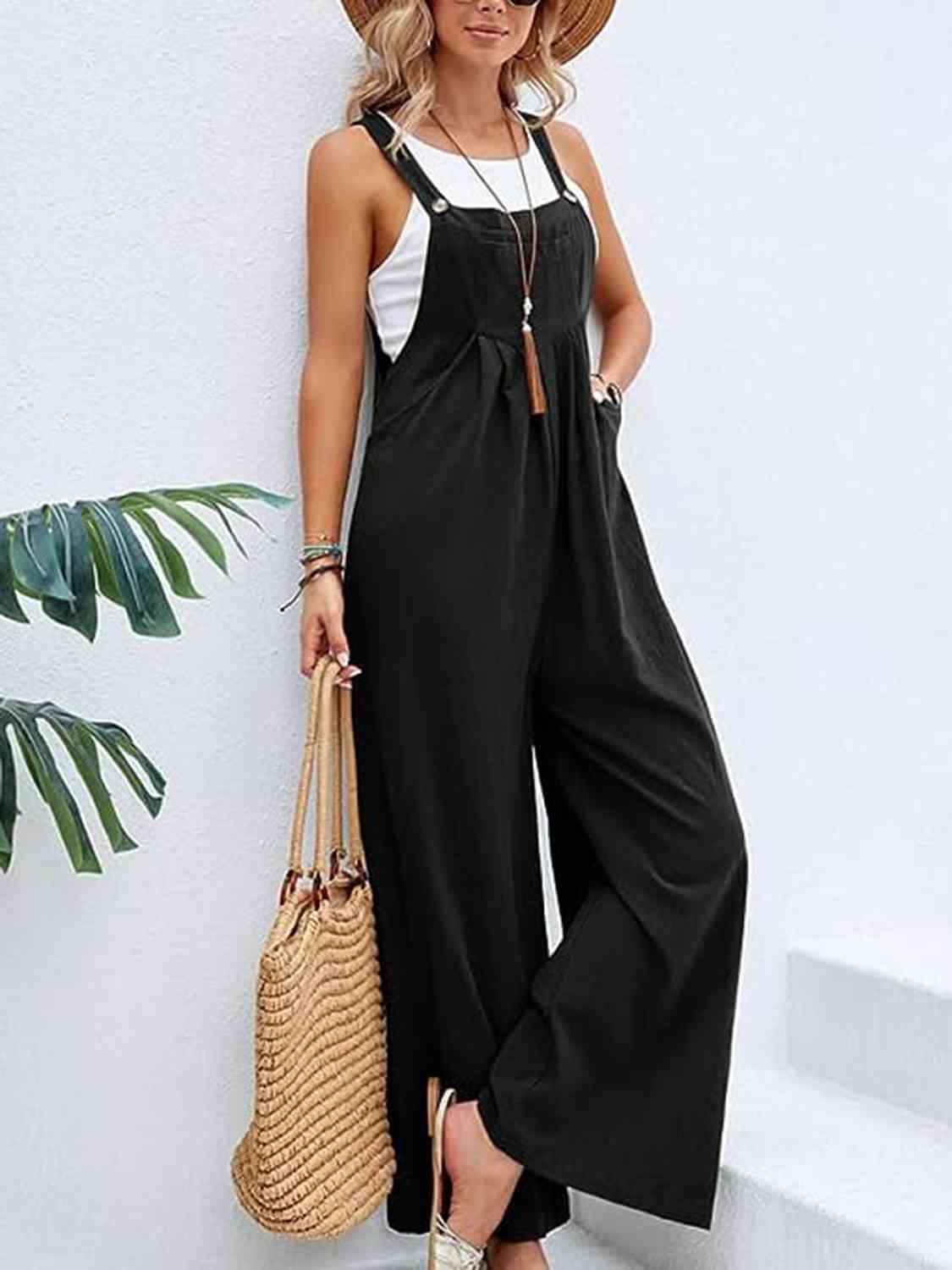 Full Size Wide Leg Overalls with Pockets Black