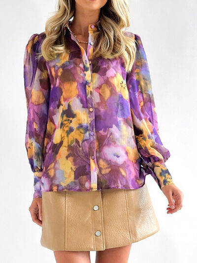 Floral Button Up Collared Neck Shirt Dusty Purple